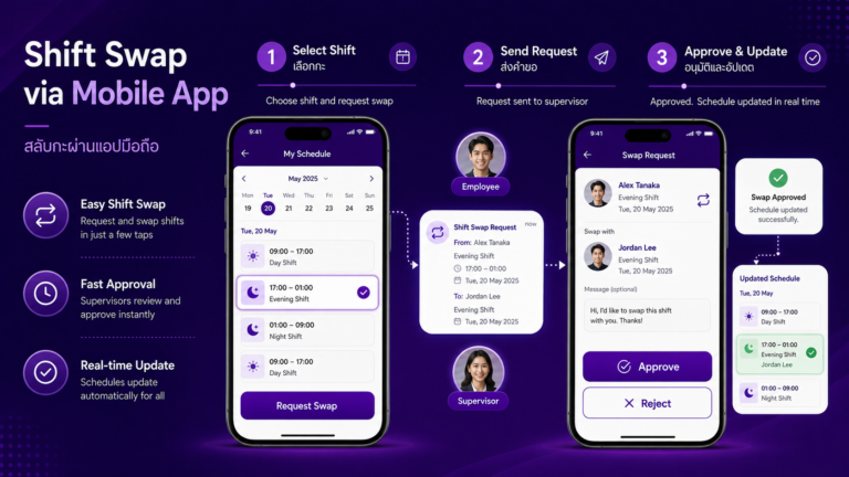 ระบบจัดกะและสลับวันหยุดพนักงาน การใช้งานผ่าน Mobile Application