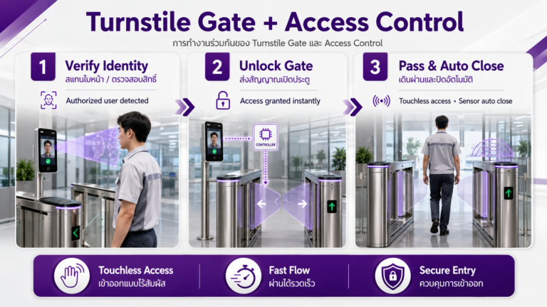 Turnstile Gate Barrier ทำงานร่วมกับ Access Control + Ai Face