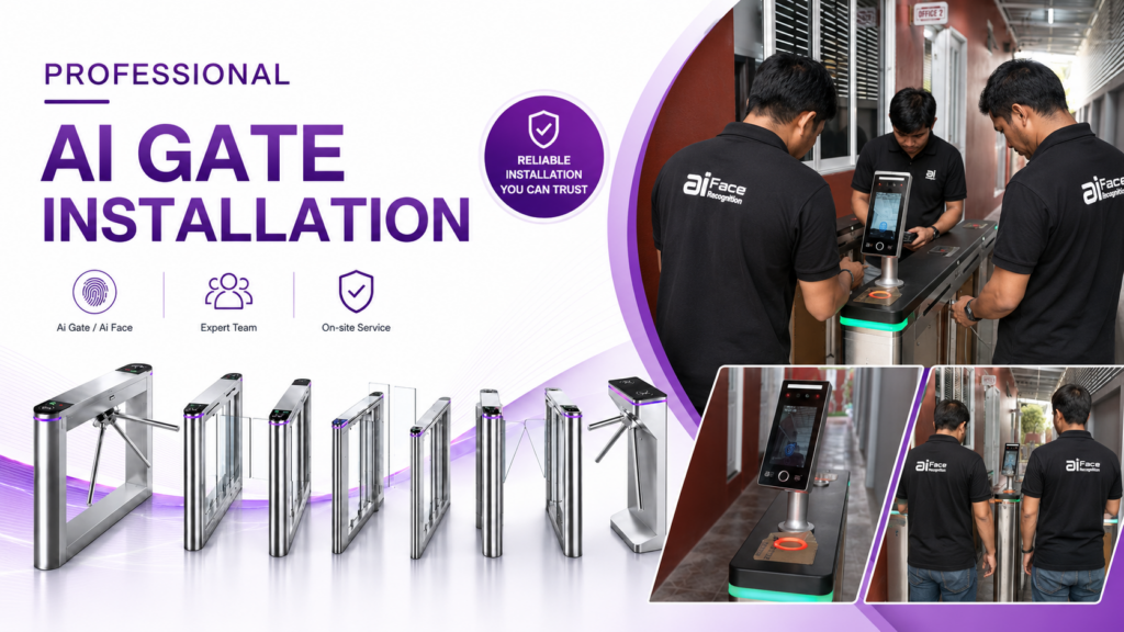 Ai Gate ที่กั้นทางเดินอัตโนมัติ ประตูกั้นทางเดิน สแกนหน้าแม่นยำ เชื่อมต่อระบบ HR ภาพทีมช่างพร้อมติดตั้ง โดยทีมช่างผู้เชี่ยวชาญ พร้อมระบบสแกนหน้า AI